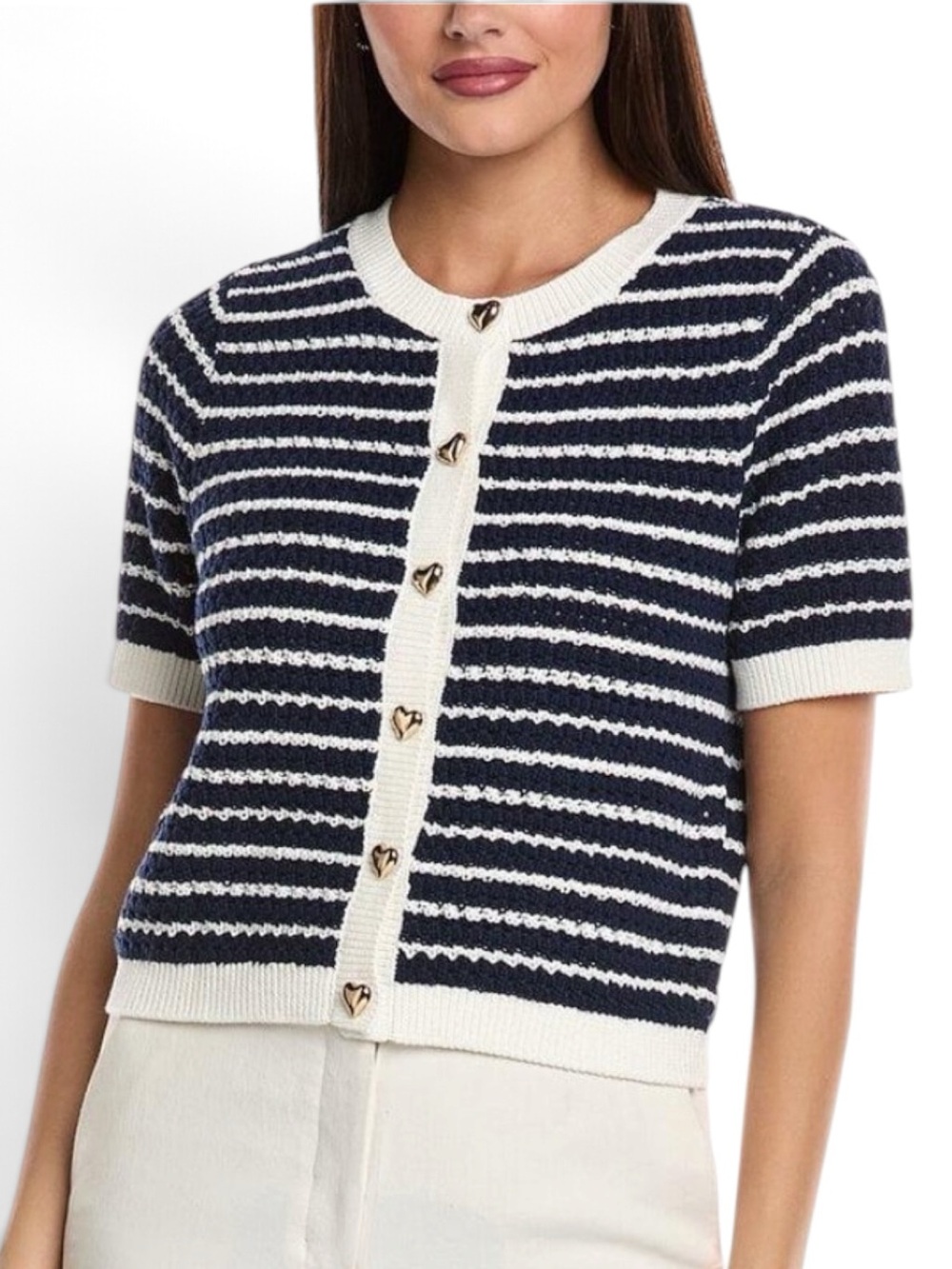 Nanette Lepore Navy Ivory Striped Knit Cardigan Gold Heart Buttons S